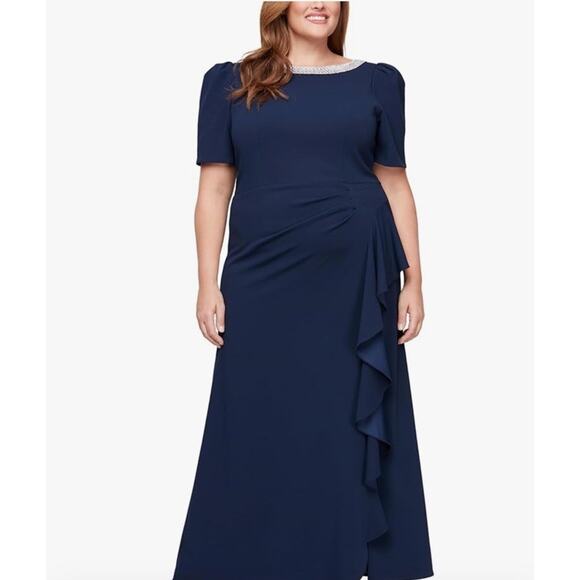 Alex Evenings Navy Blue Embellished Neck Ruffle Gown Dress Plus Size 16 $249 NEW - Picture 2 of 16
